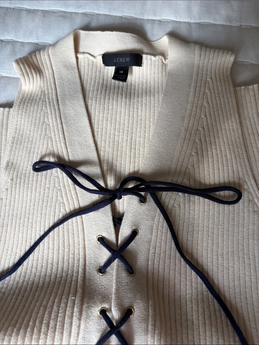 J. Crew Cream Ribbed Sleeveless Sweater with Navy Lace-Up Front - Picture 2 of 4